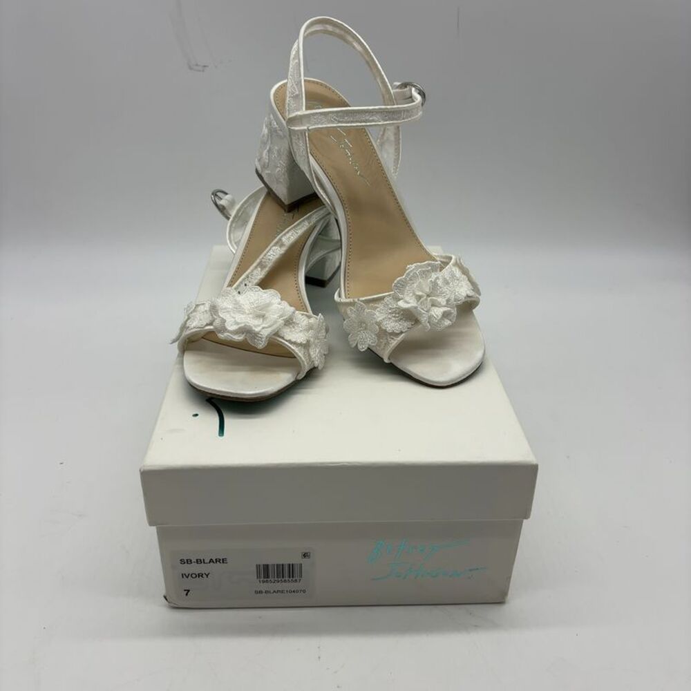 Betsey Johnson Ivory Floral Lace Block Heel Sandals